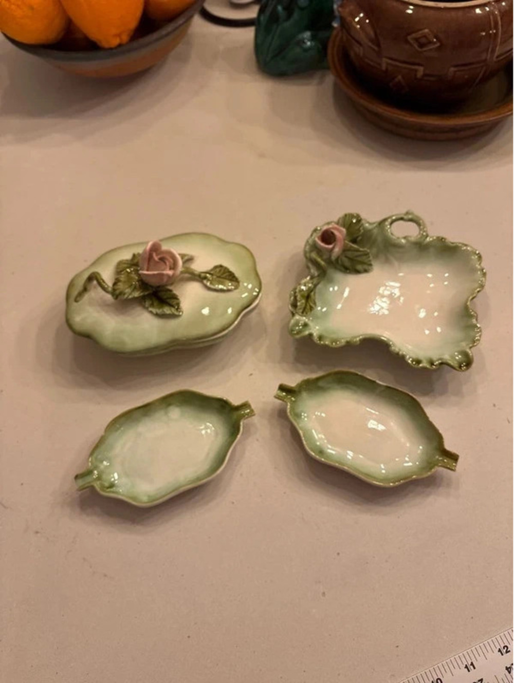 Vintage 4Pc Mint Green Ceramic Vanity Set 3D Pink Porcelain Roses Trinket Dishes